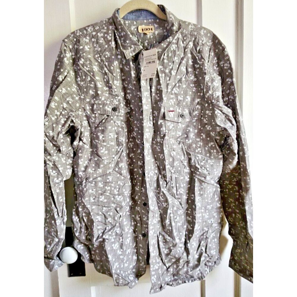NWT 1901 men button down‎ shirt long sleeve Sz XL white floral grey